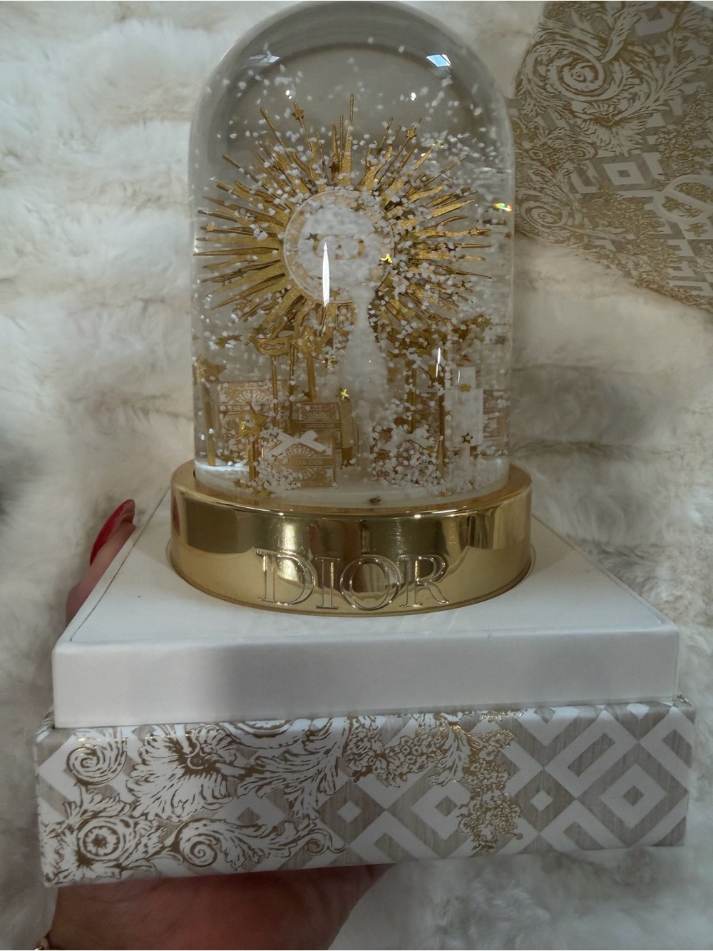 Dior Gold and White Decorative Snow Globe Accent